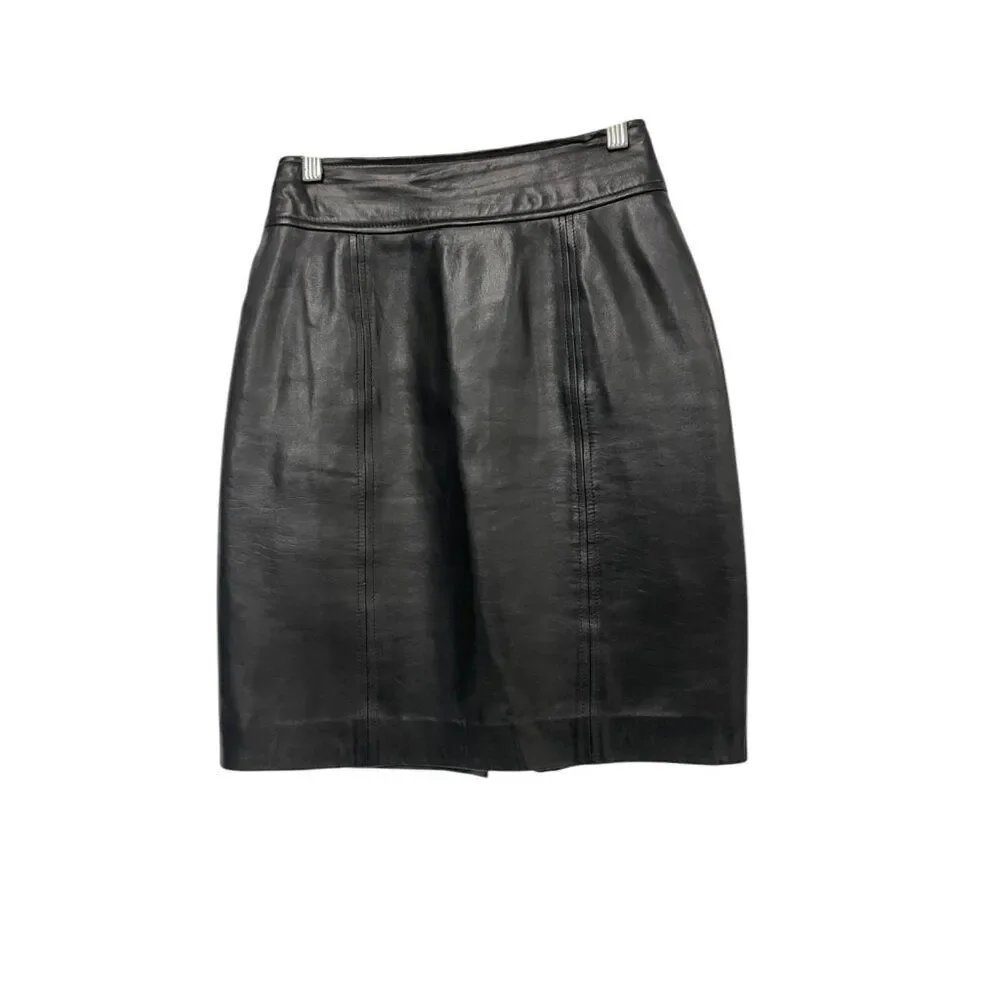Laurel Womens Leather Straight & Pencil Skirt Size 34 US 2 XS Black Vintage 80s